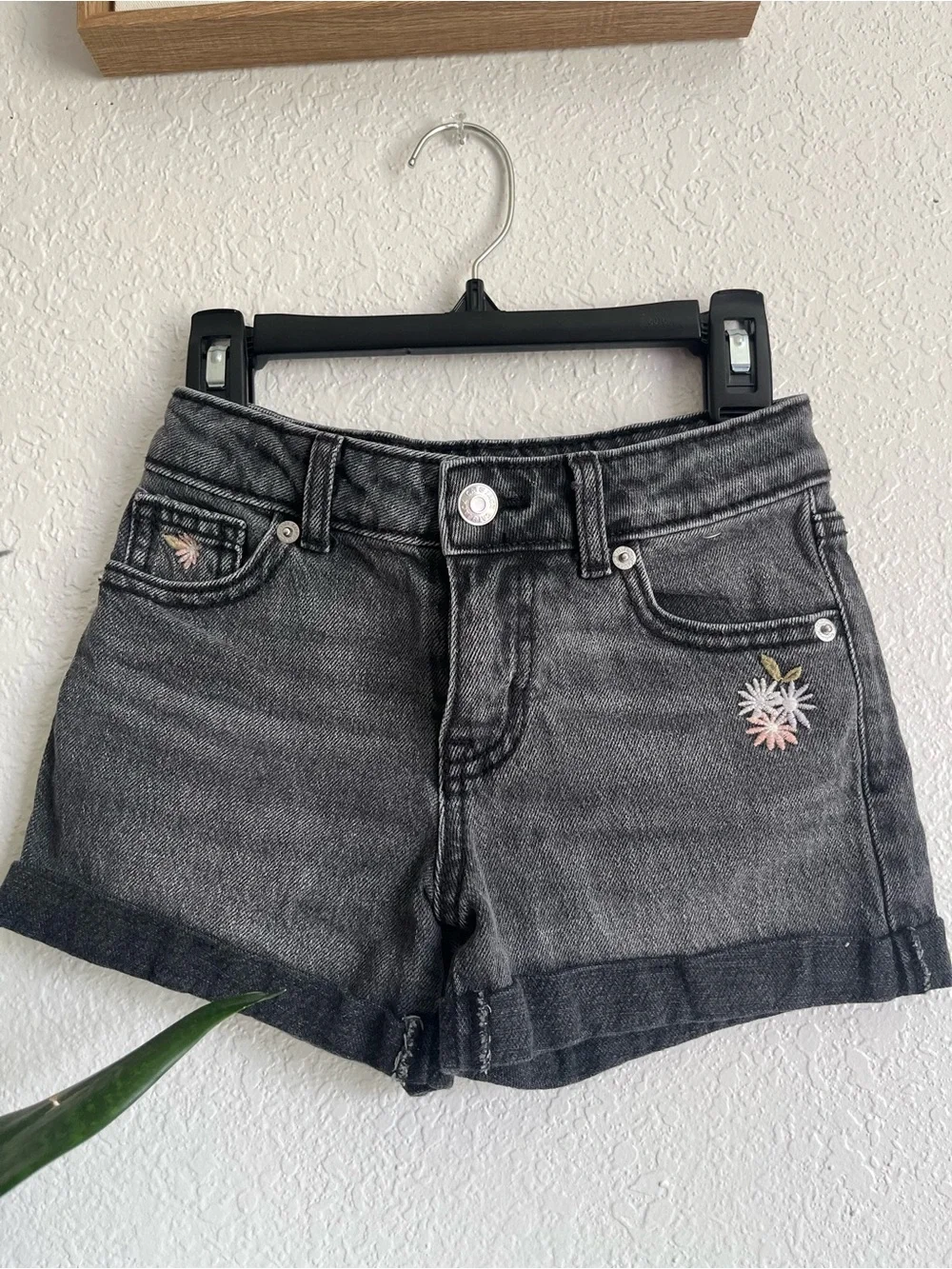 Cat & Jack Black Washed Denim Shorts with Pink & White Floral Embroidery